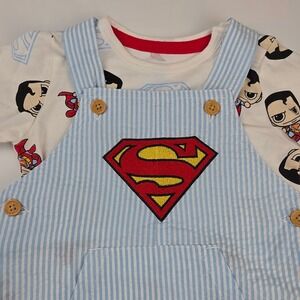 DC Comics Superman Overalls Set Baby Boys 0-3M Light Blue NWT Striped 2pc Outfit